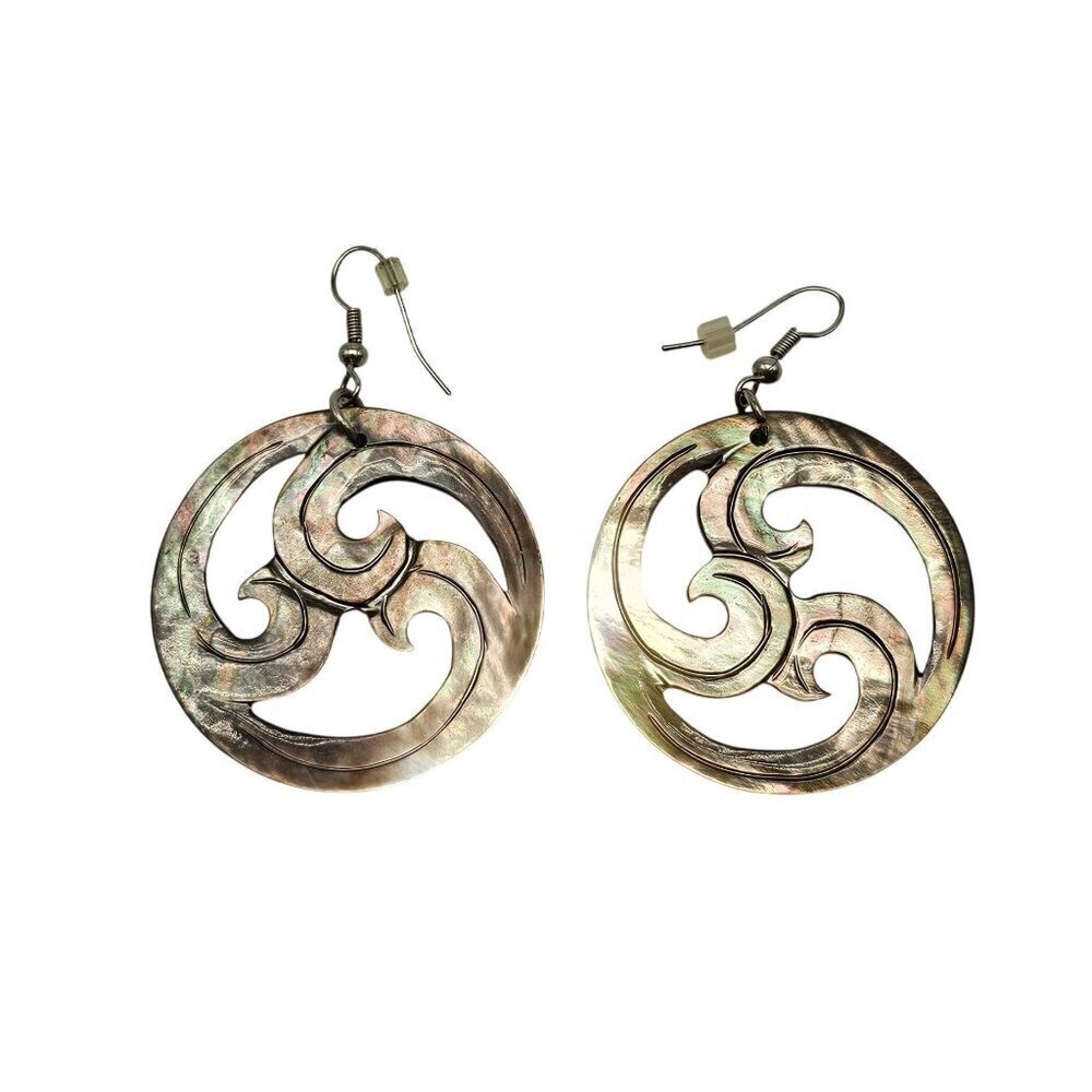 Round Abalone Shell Dangle Earrings With Swirl Design Vintage